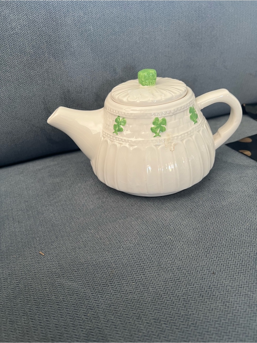 White Ceramic Teapot with Green Shamrock Accents and Green Lid Knob